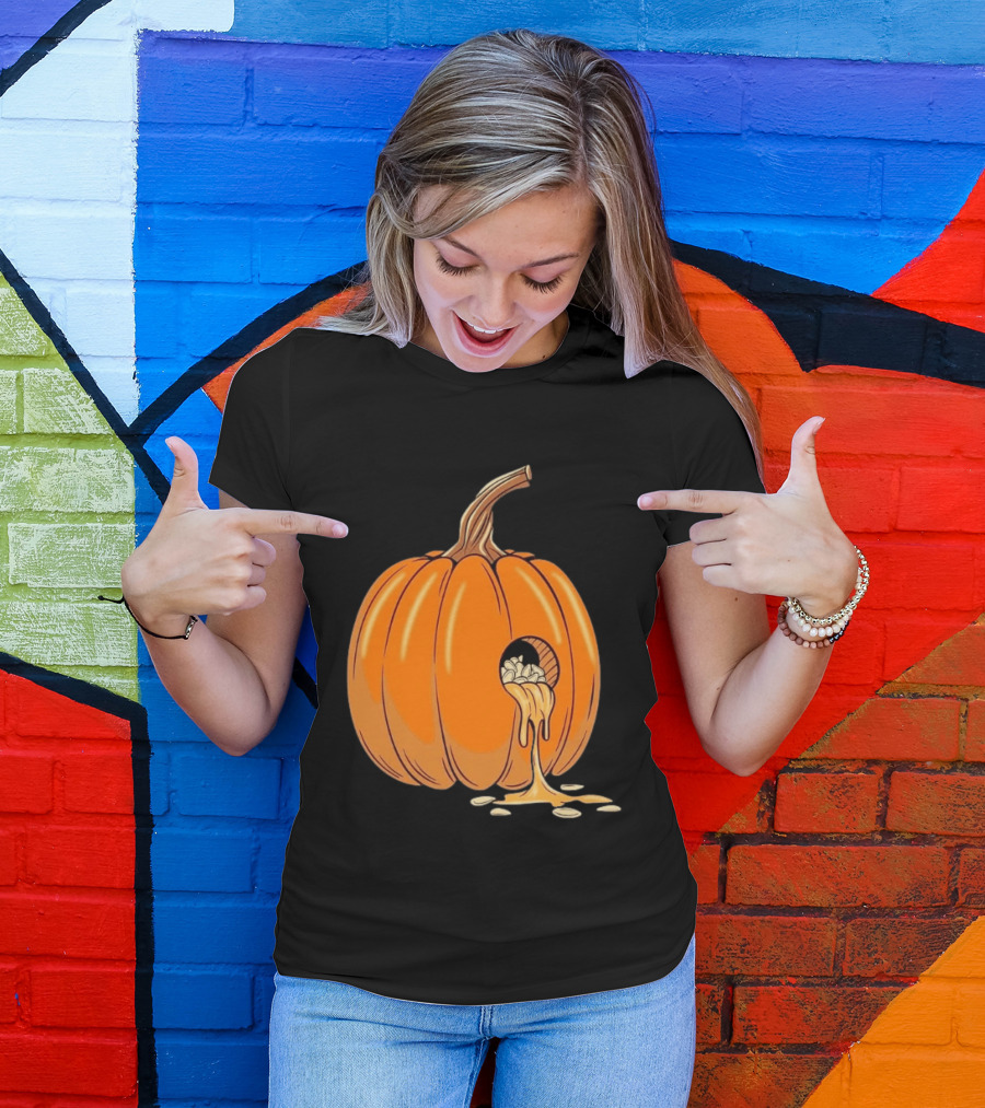 Gourdy Hole Halloween Pumpkin With Seeds Streaming Out T-Shirt