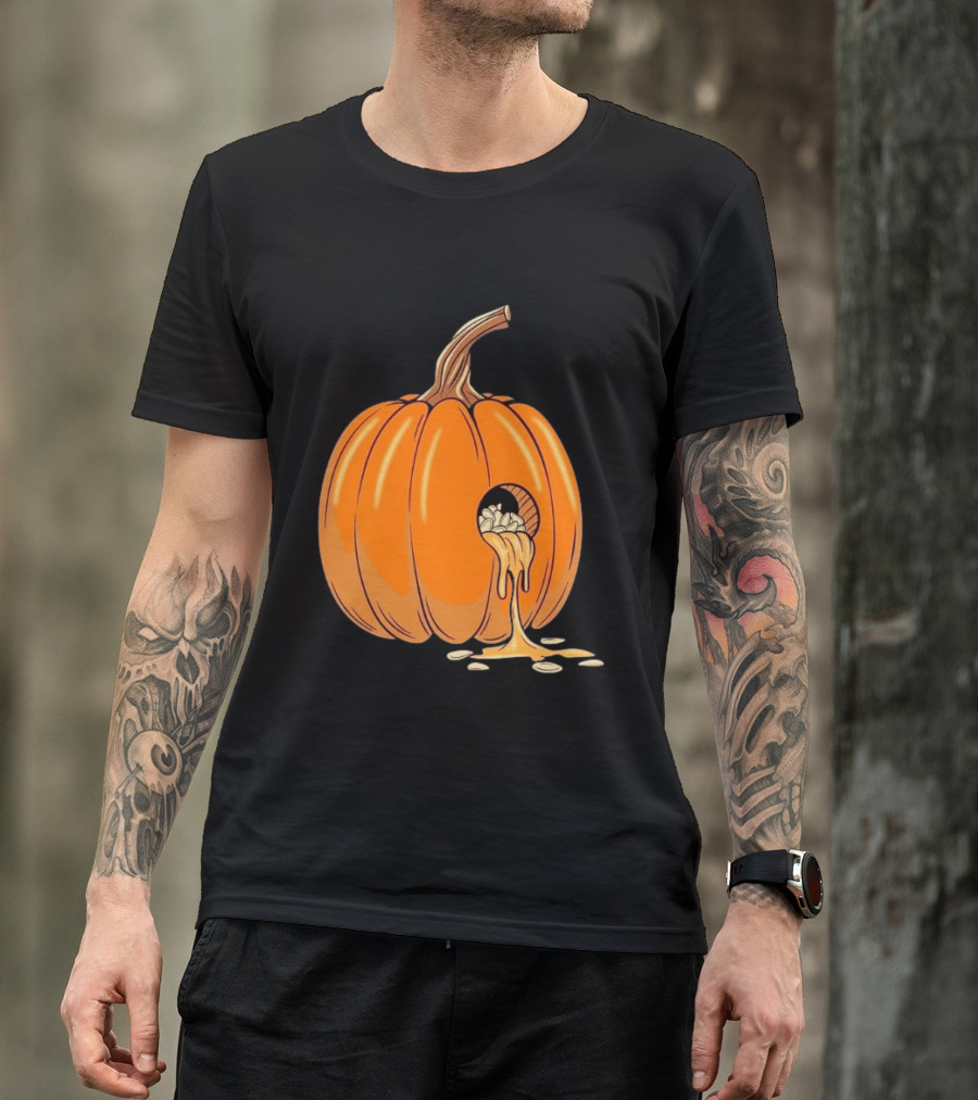 Gourdy Hole Halloween Pumpkin With Seeds Streaming Out T-Shirt