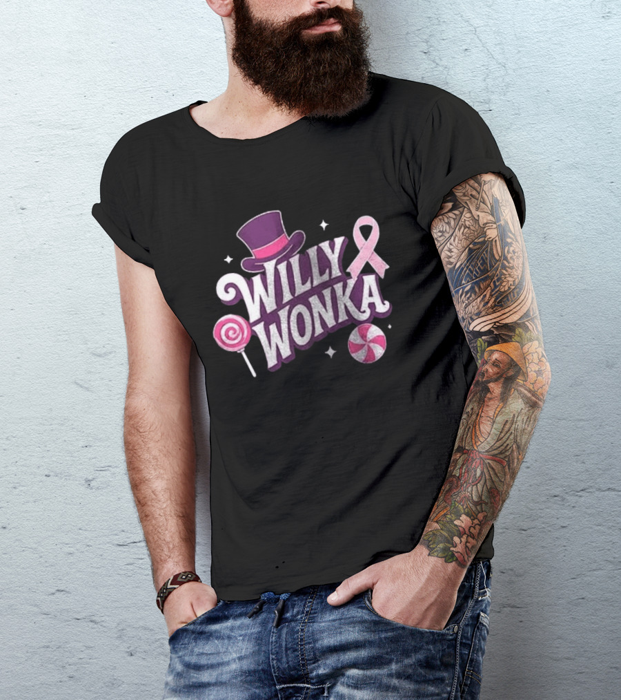 Willy Wonka Pink Ribbon Sweetness Strength And Sparkle With Candy And Top Hat T-Shirt