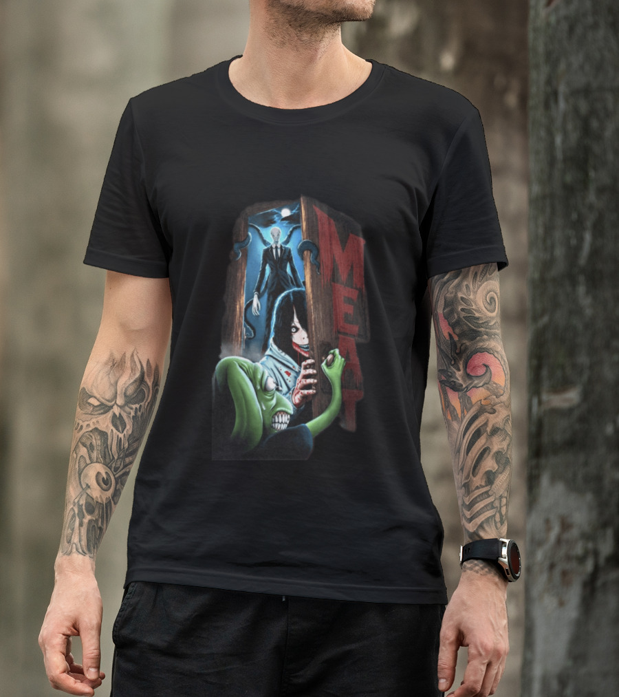 Meatcanyon Store Knock Knock Creepy Distressed Characters Horror Scene T-Shirt
