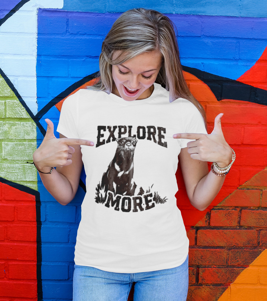 Explore More River Otter Tall Grass Distressed Woodcut Black White T-Shirt