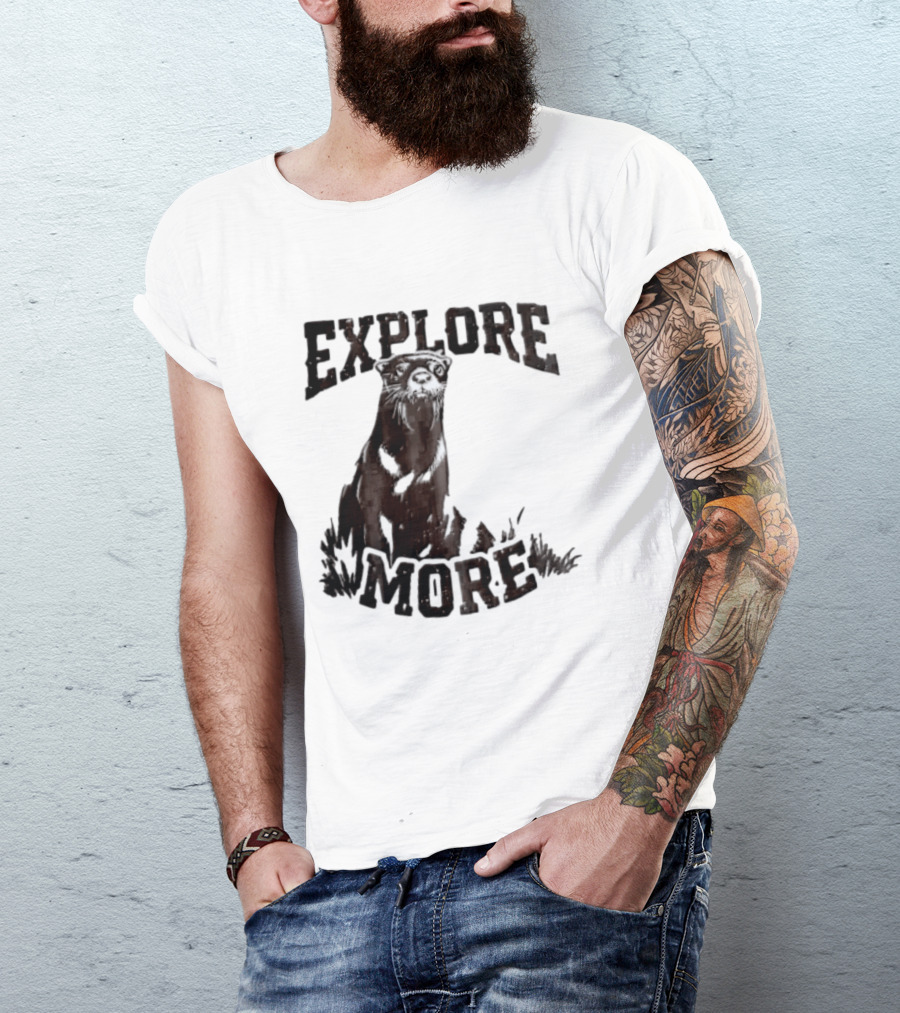 Explore More River Otter Tall Grass Distressed Woodcut Black White T-Shirt