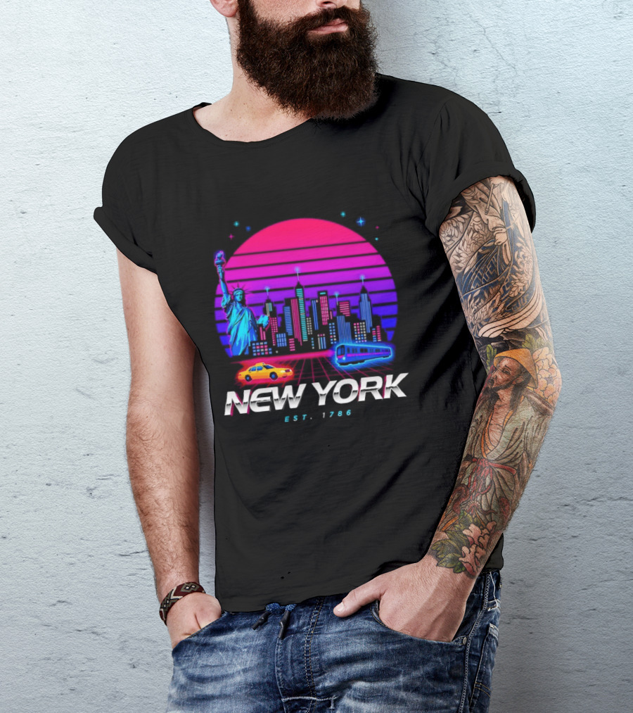New York Est 1786 Cityscape Synthwave Statue Of Liberty Neon Skyline Retro Car T-Shirt