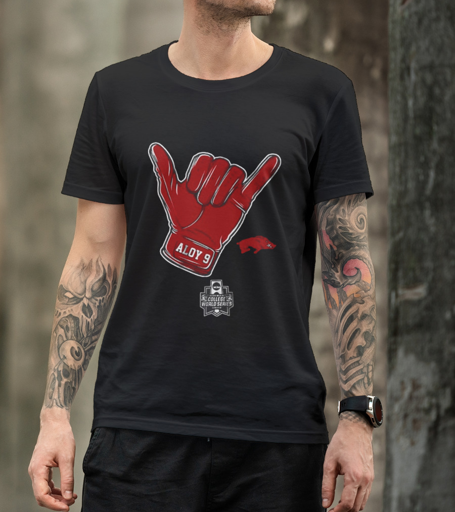 Arkansas Razorbacks Aloy 9 NCAA College World Series Shaka Gesture T-Shirt