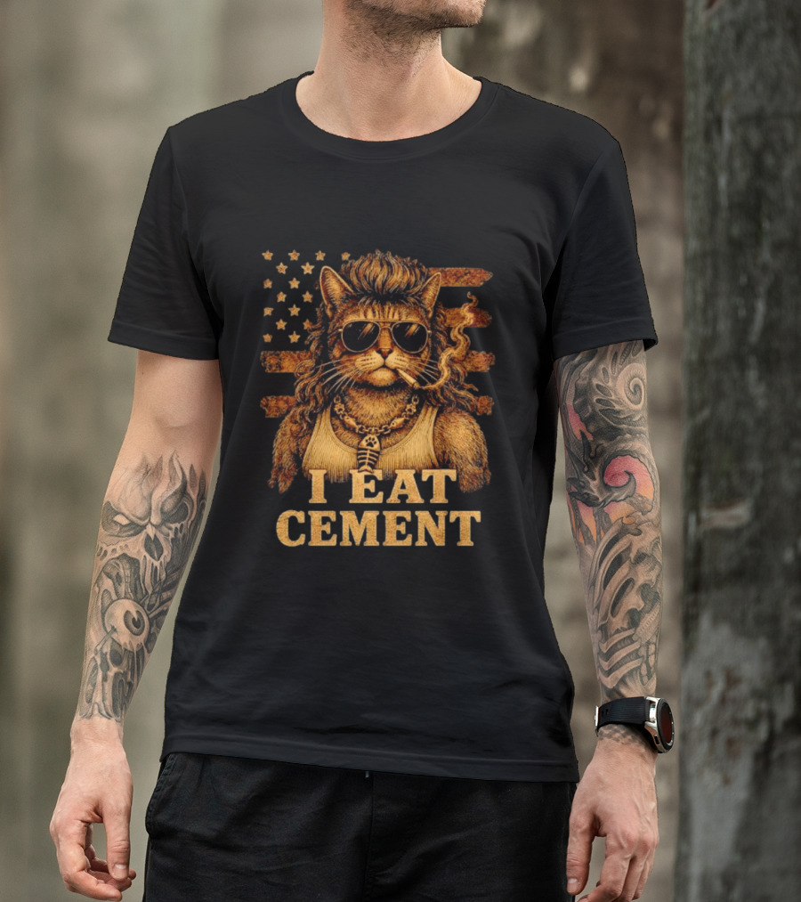 I Eat Cement Mullet Cat With Sunglasses And American Flag T-Shirt