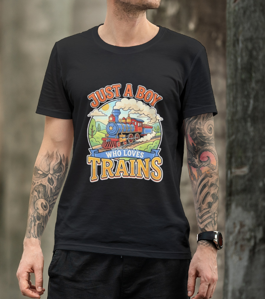 Just A Boy Who Loves Trains Colorful Locomotive Adventure T-Shirt