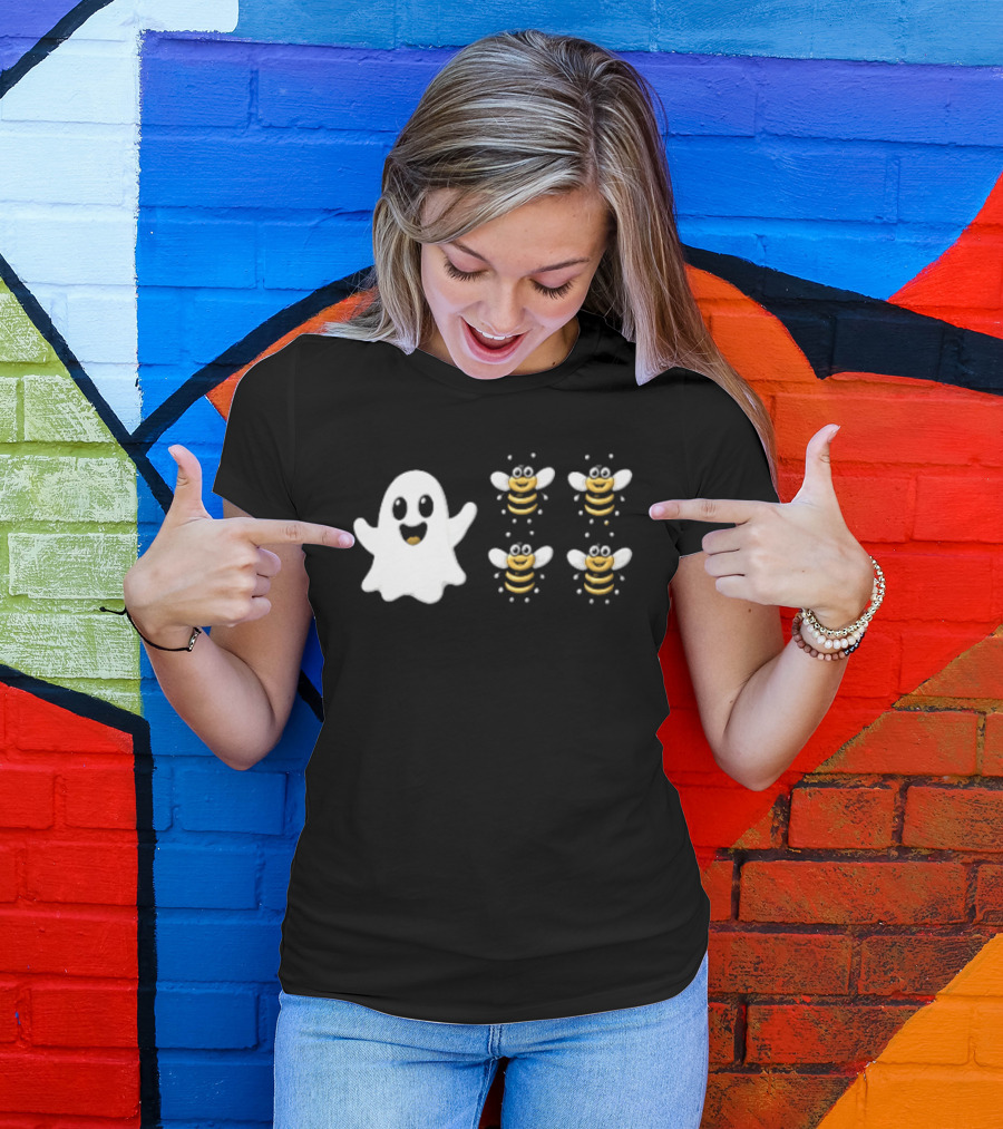 Cartoon White Ghost And Waving Four Bumblebees Cute T-Shirt