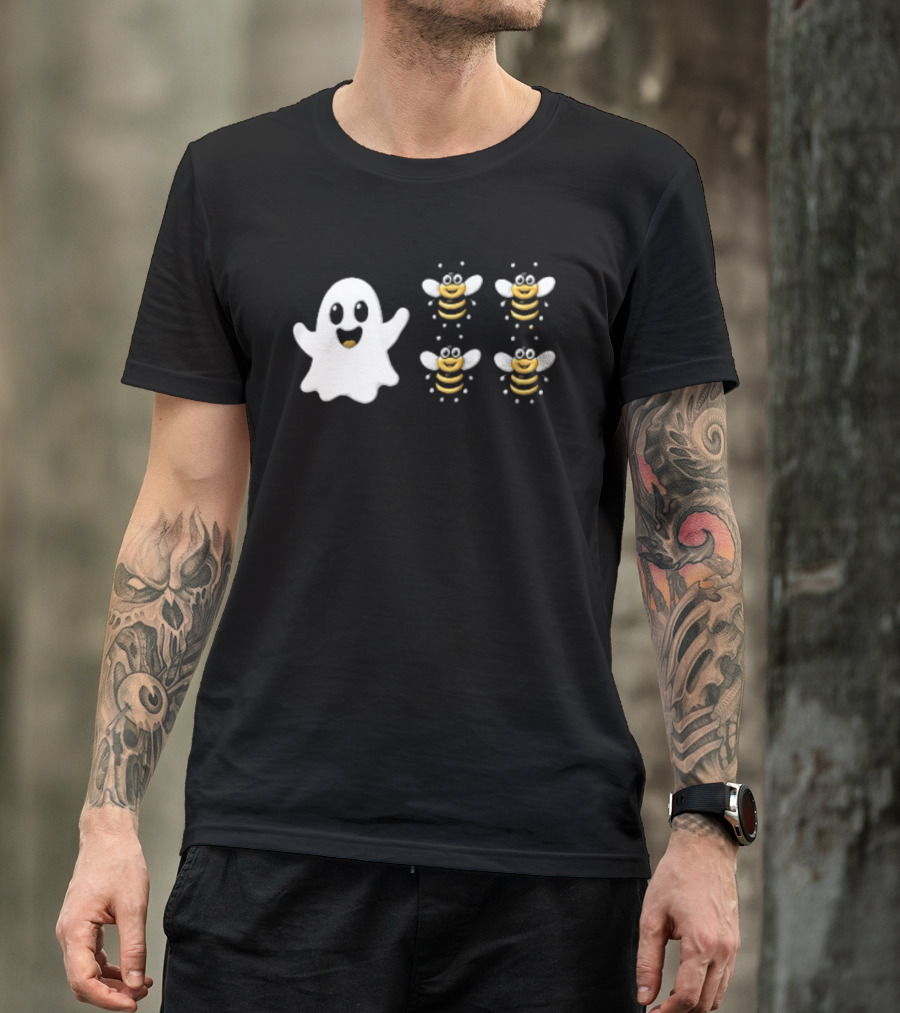 Cartoon White Ghost And Waving Four Bumblebees Cute T-Shirt