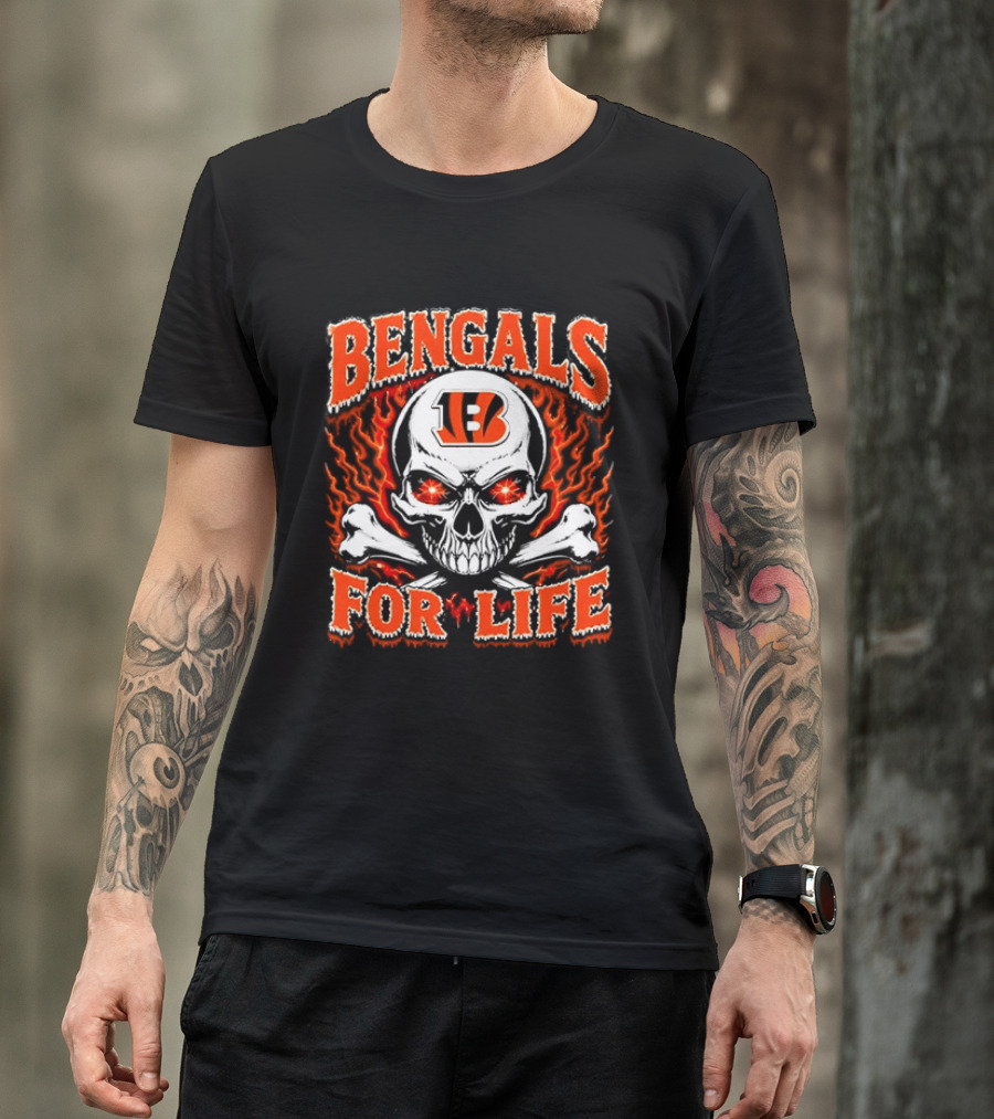 Bengals For Life Skull And Crossbones Fiery T-Shirt