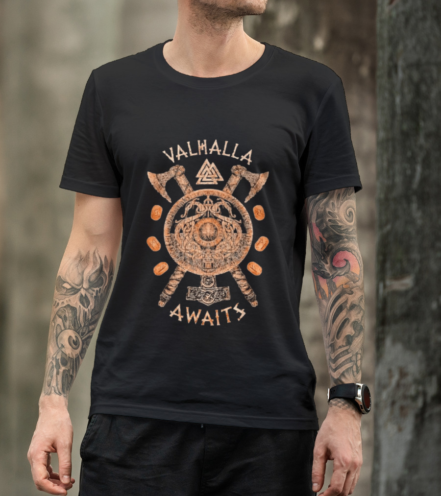Valhalla Awaits Distressed Viking Shield Axes Norse Symbolism T-Shirt