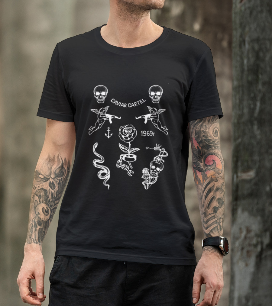 Ssur Caviar Cartel 1969t Skull Rose Snake Wings Anchor Icons Black Oversized T-Shirt
