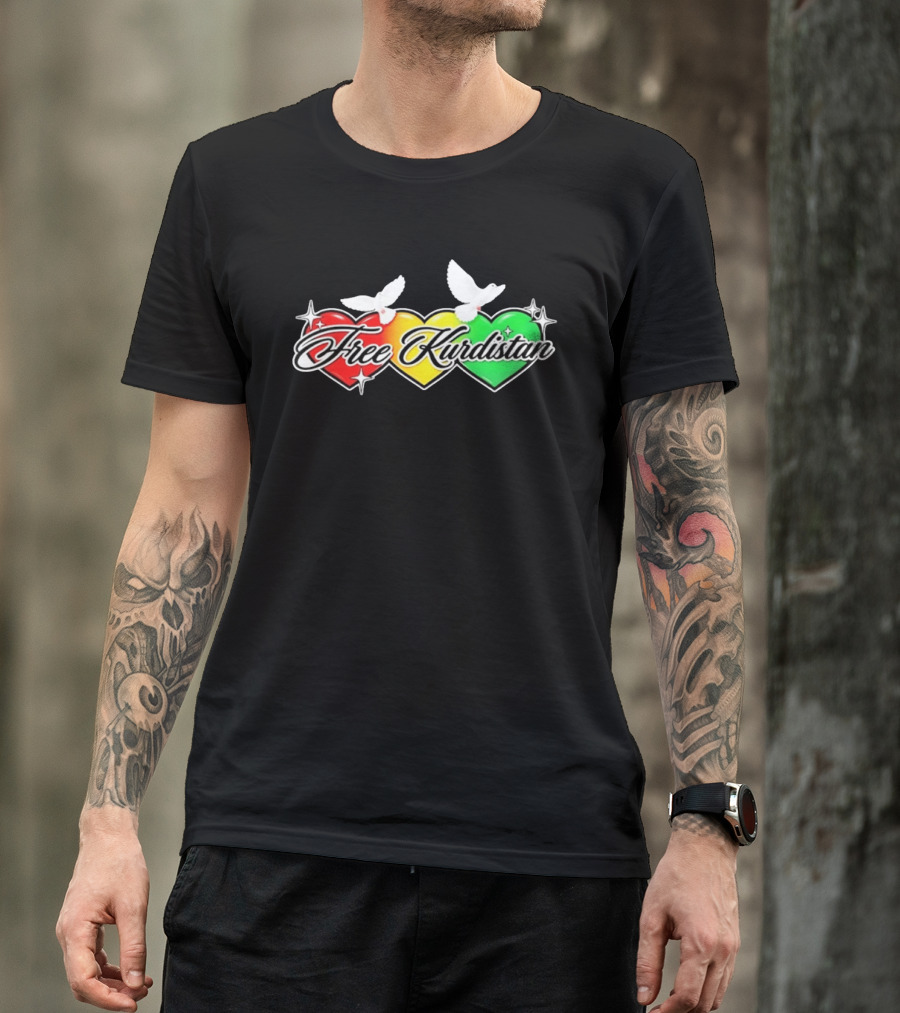 Free Kurdistan Red Yellow Green Hearts Doves T-Shirt