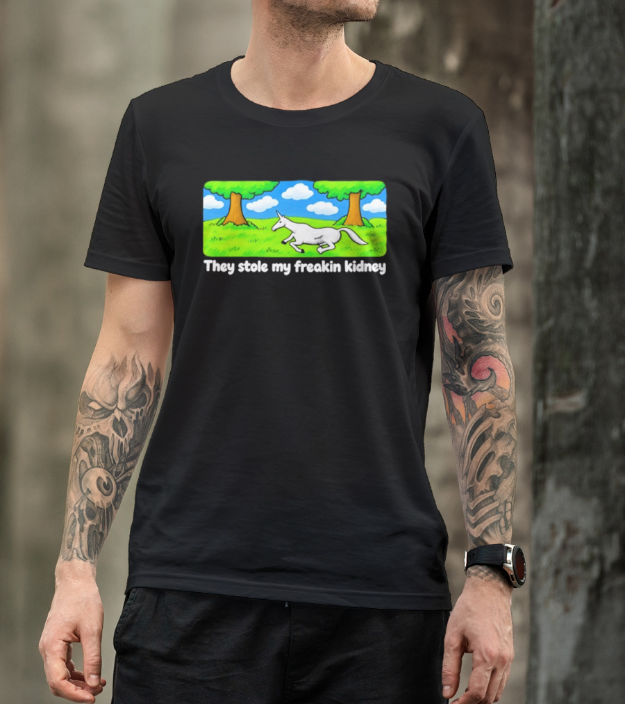 They Stole My Freakin Kidney Unicorn Cartoon Scene T-Shirt