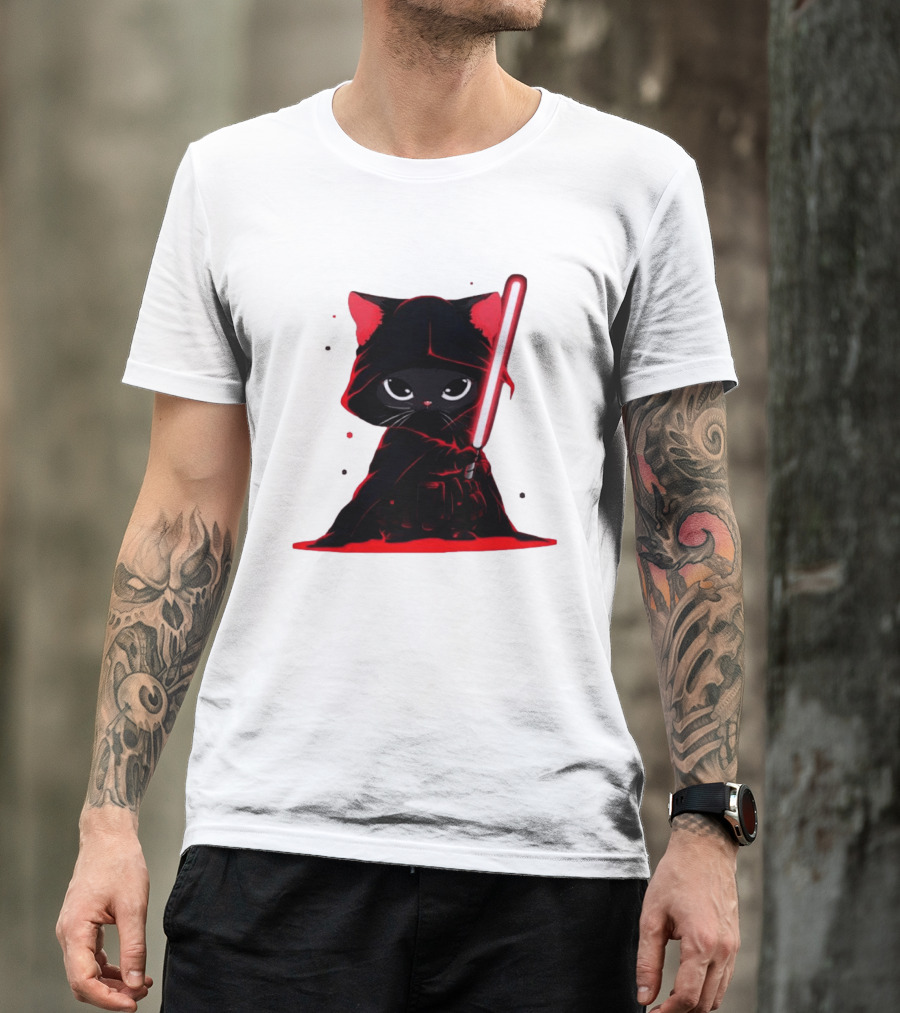 Black Cat Sith With Red Lightsaber Cloaked In Darkness T-Shirt