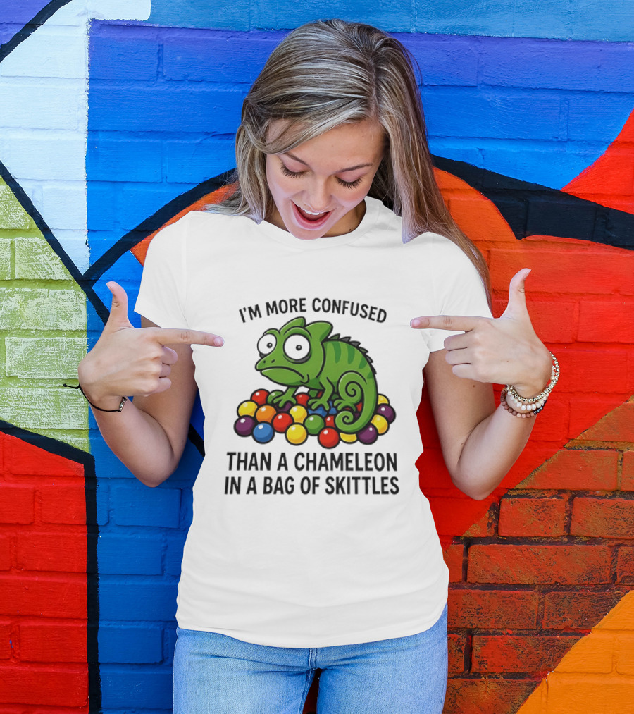 I'm More Confused Than A Chameleon In A Bag Of Skittles Colorful Chameleon And Candy Humor T-Shirt