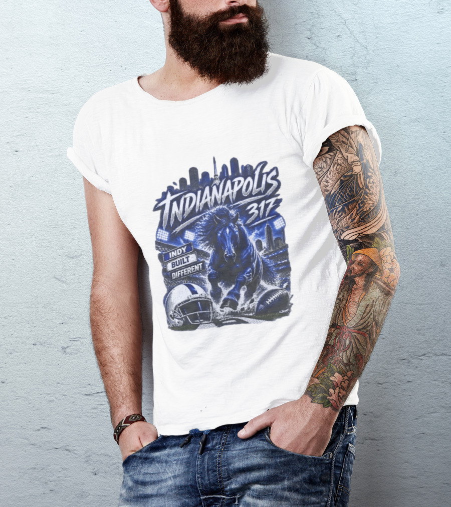 Indianapolis Colts 317 Indy Built Different Football Horse Helmet Skyline T-Shirt