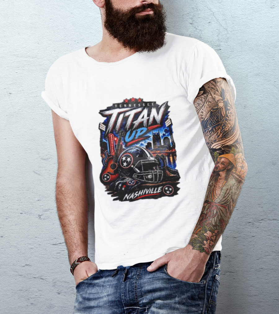 Tennessee Titan Up Football Helmet Guitar Nashville Skyline Titans T-Shirt