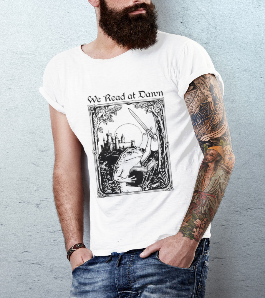 We Read At Dawn Frog Holding Sword And Book In Enchanted Forest T-Shirt