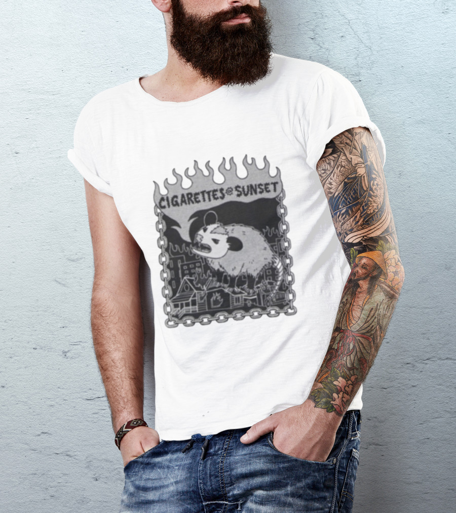 Cigarettes At Sunset OG Possum In Fiery Cityscape With Chains T-Shirt