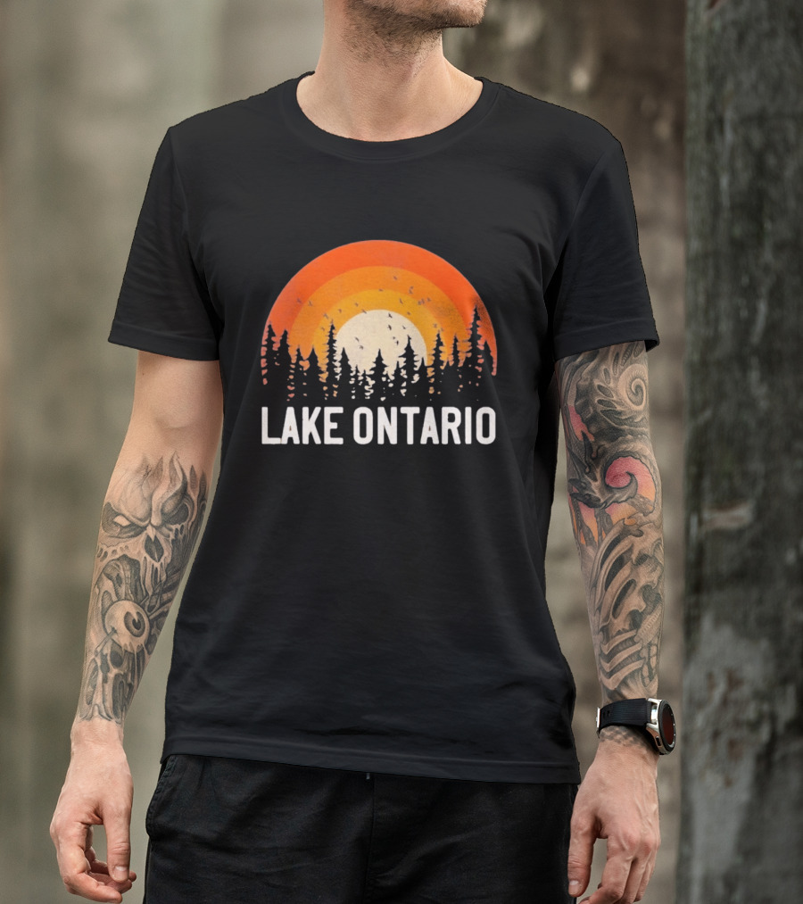 Lake Ontario Sunset Forest Birds Nature Scene With Orange Yellow Gradient T-Shirt