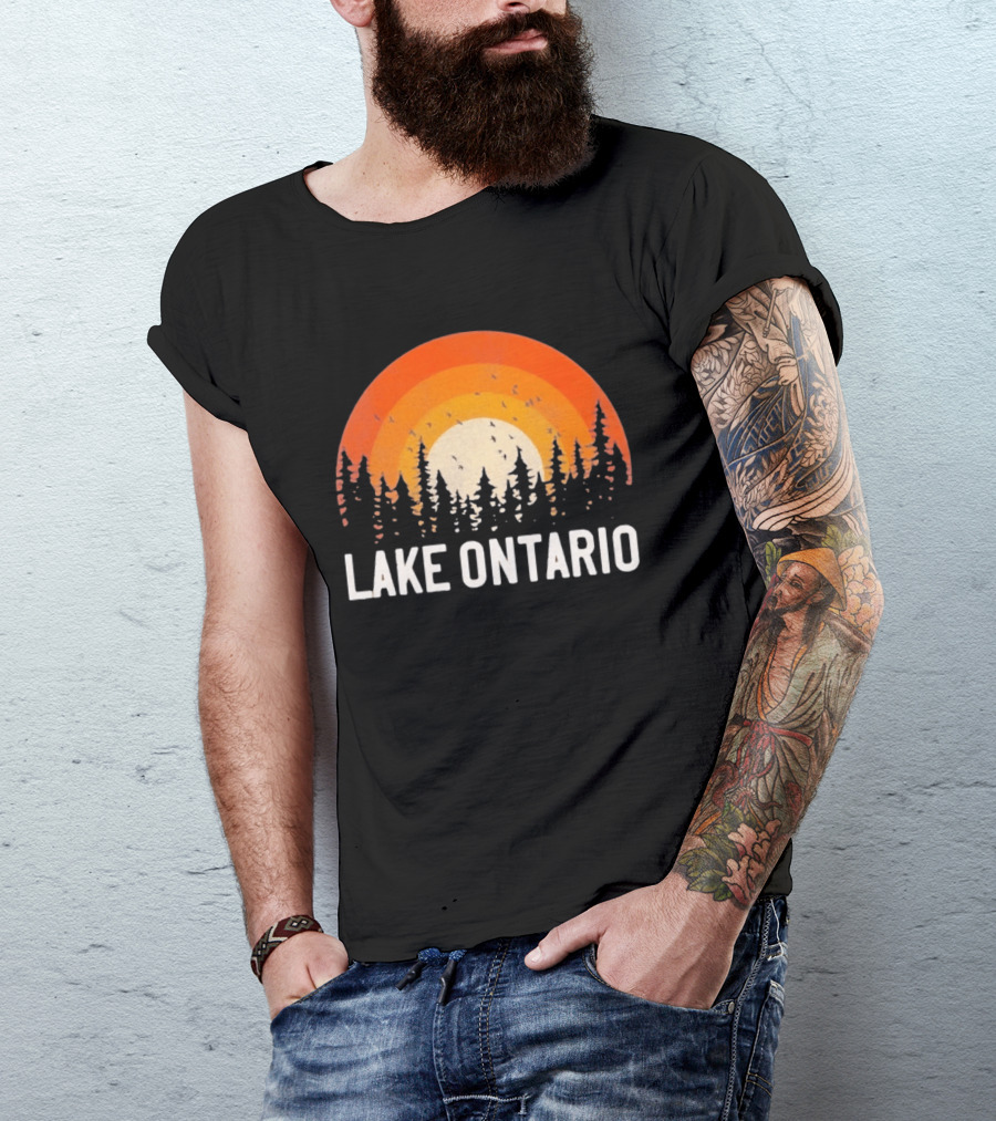 Lake Ontario Sunset Forest Birds Nature Scene With Orange Yellow Gradient T-Shirt