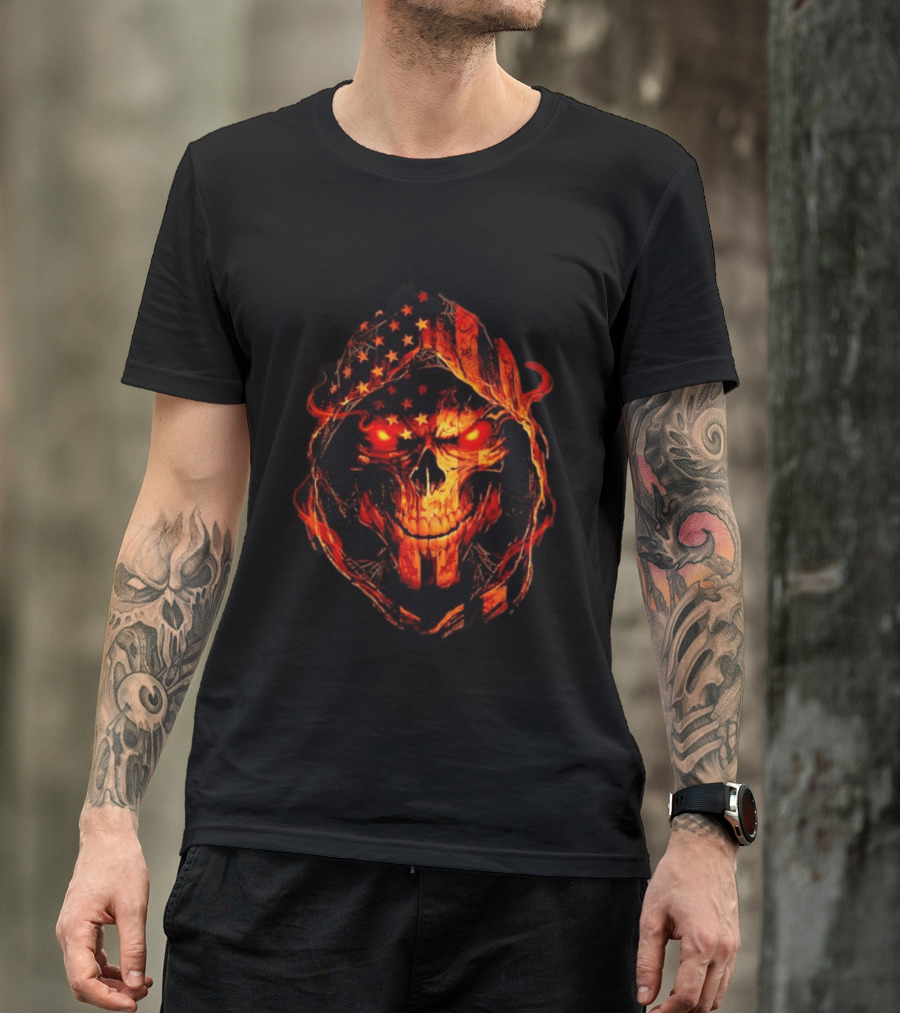 American Flag Skull Grim Reaper With Glowing Red Eyes T-Shirt