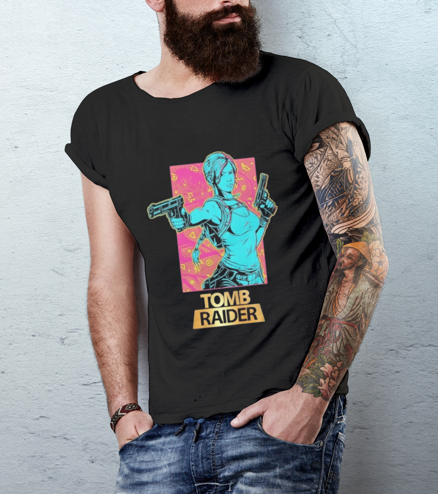 Tomb Raider Lara Croft Neon Halftone Dual Pistols T-Shirt