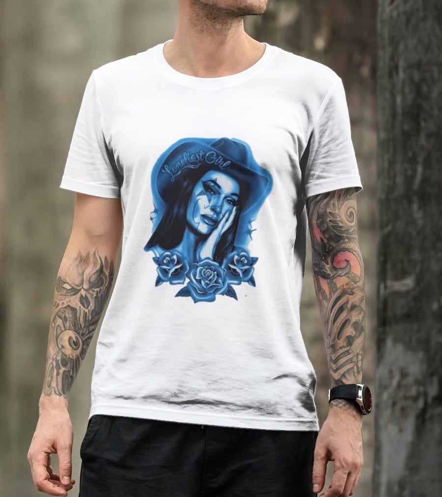 Loneliest Girl Airbrush Cowgirl In Blue With Roses T-Shirt