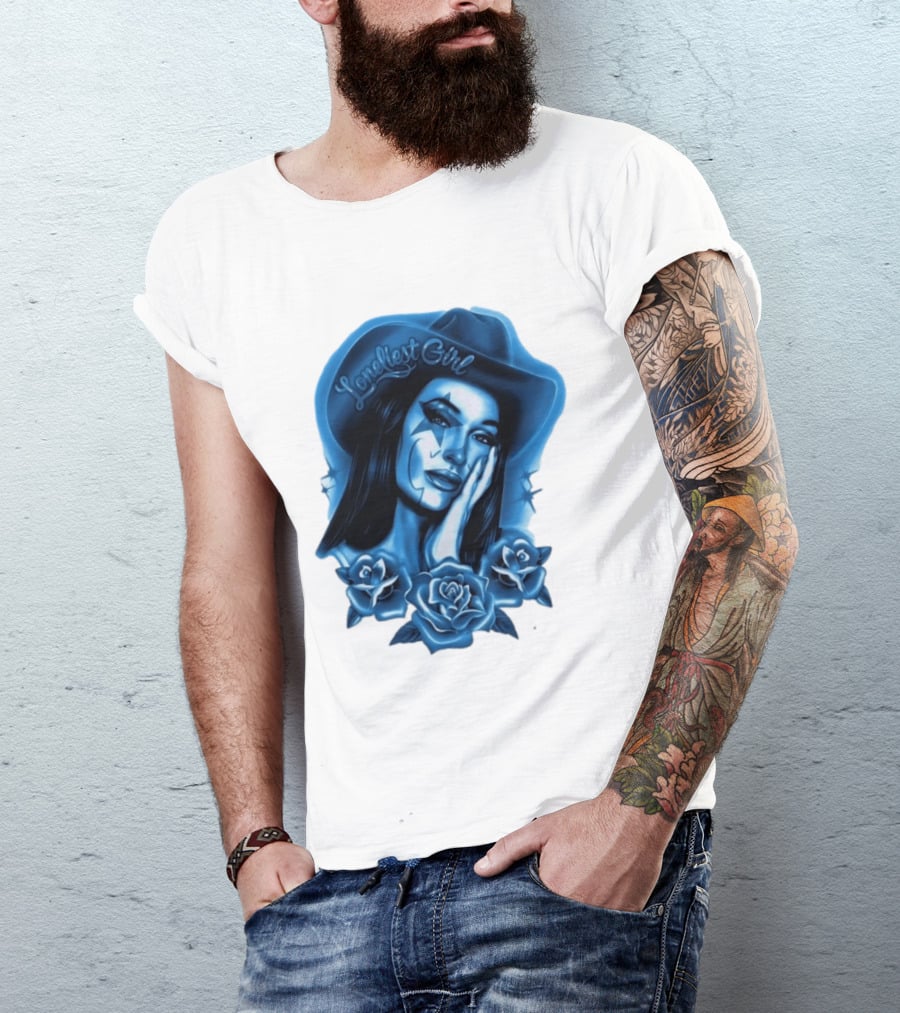 Loneliest Girl Airbrush Cowgirl In Blue With Roses T-Shirt
