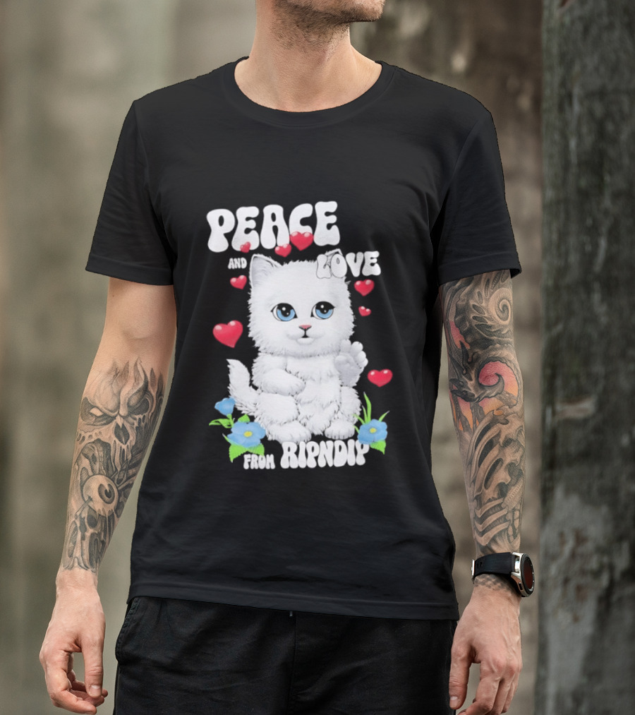 Peace And Love Ripndip Cat Kitten Hearts And Flowers T-Shirt