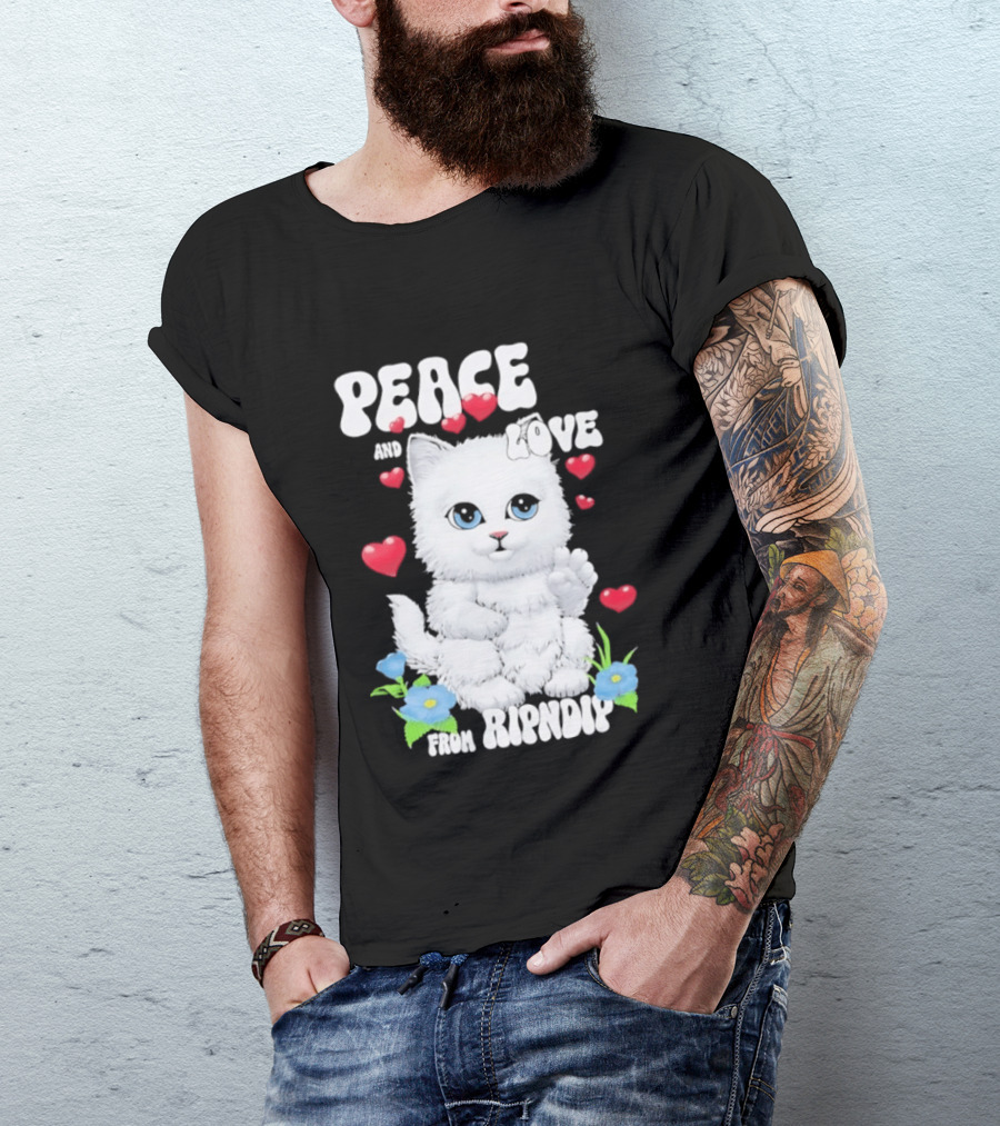 Peace And Love Ripndip Cat Kitten Hearts And Flowers T-Shirt