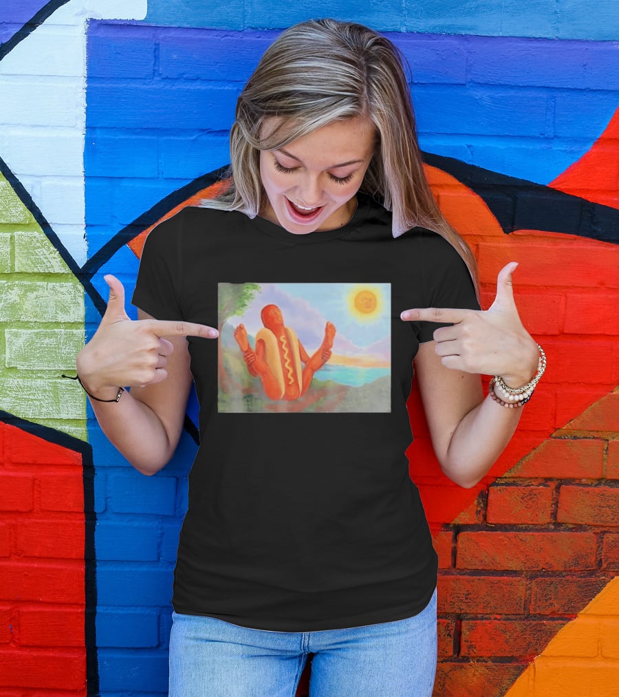 Surreal Hot Dog Doing Yoga At Sunrise With Smiling Sun T-Shirt