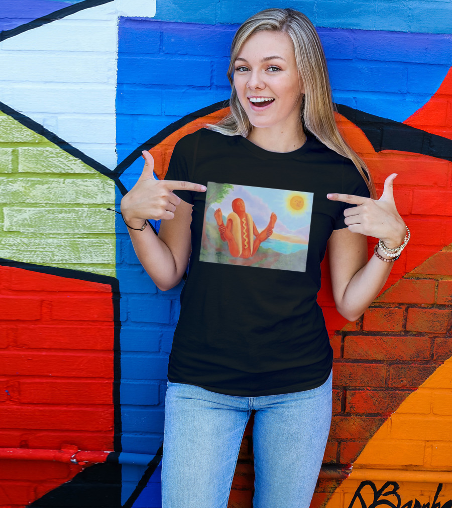 Surreal Hot Dog Doing Yoga At Sunrise With Smiling Sun T-Shirt