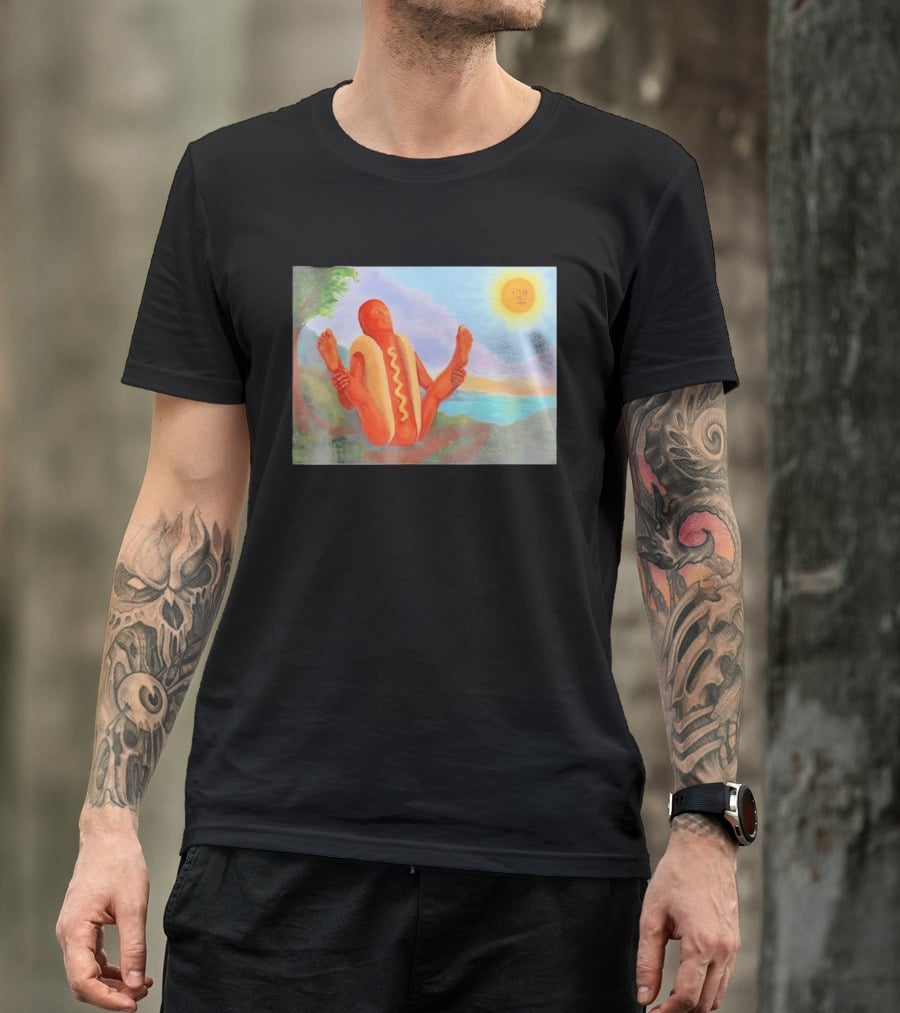 Surreal Hot Dog Doing Yoga At Sunrise With Smiling Sun T-Shirt
