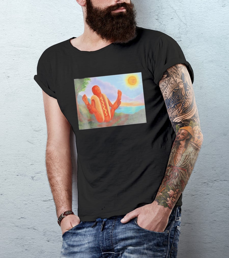 Surreal Hot Dog Doing Yoga At Sunrise With Smiling Sun T-Shirt