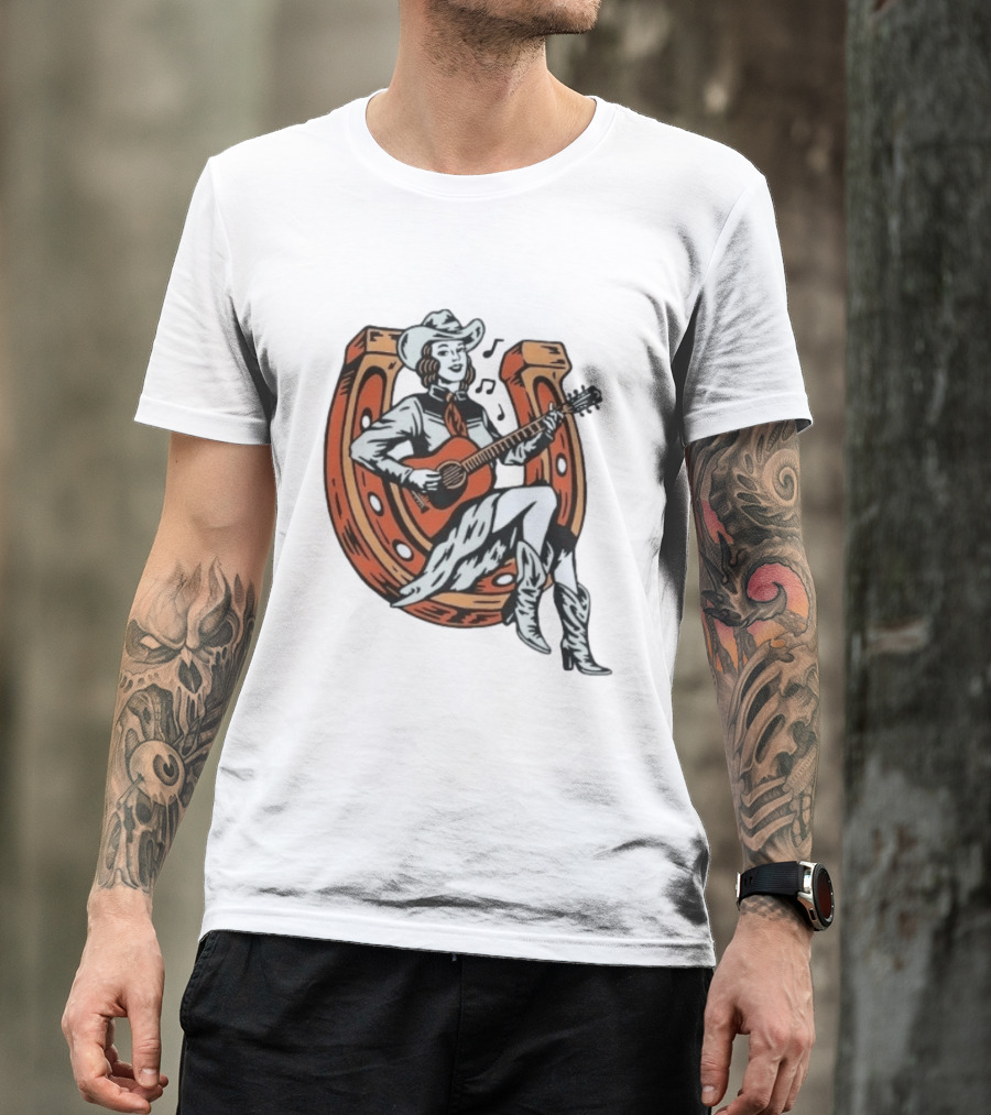 Cowgirl Playing Guitar On Horseshoe Classic Western Music Scene T-Shirt