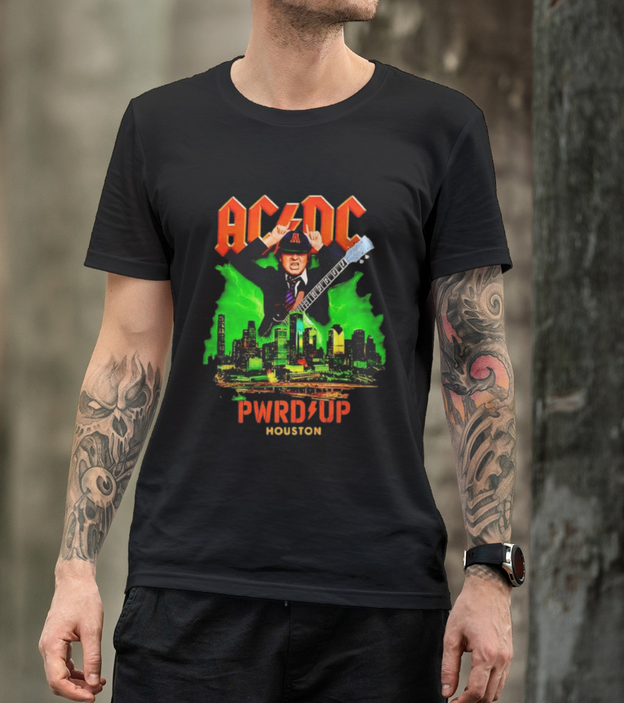 AC DC Angus Young Pwr Up Houston Hard Rock Skyline Electric Guitar T-Shirt