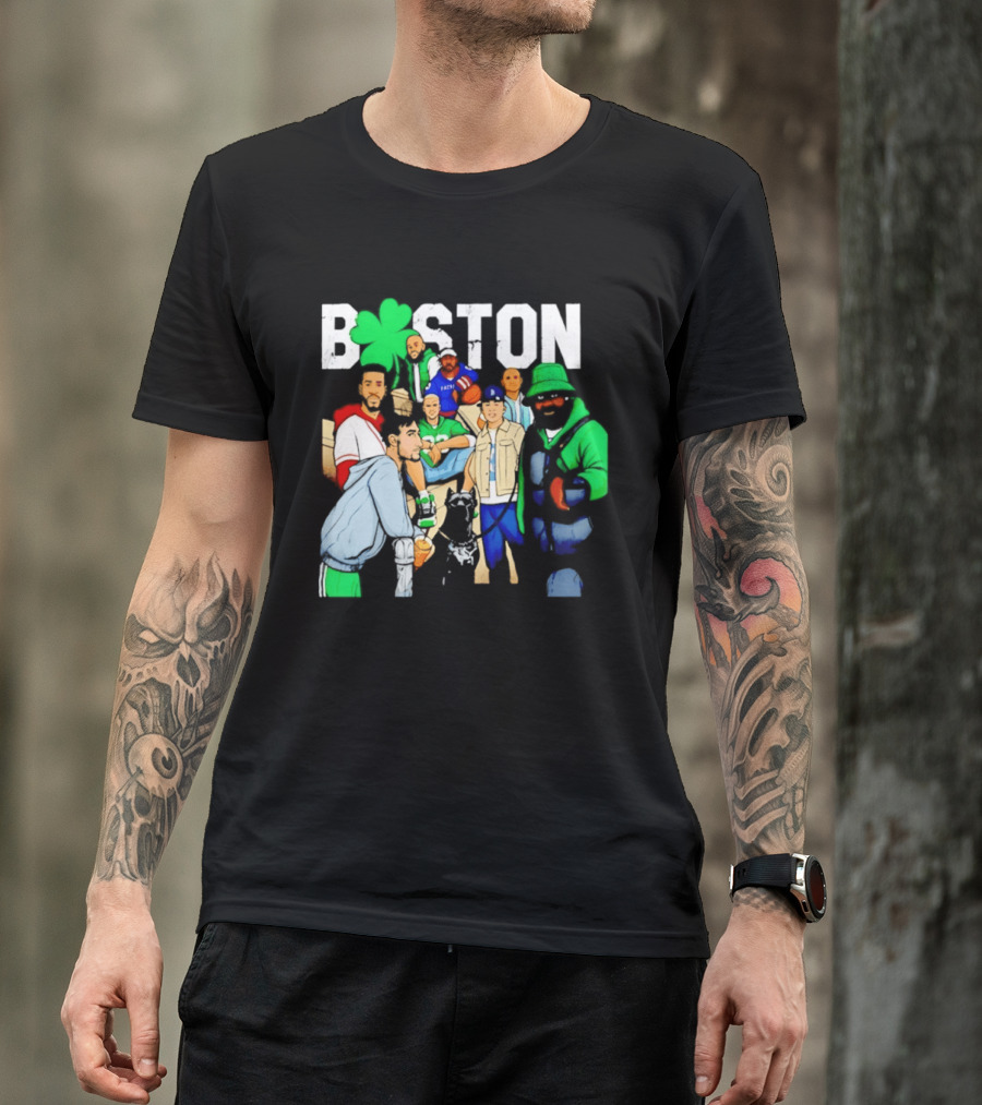 Boston Green Clover Sports Fan Characters Distressed Look T-Shirt