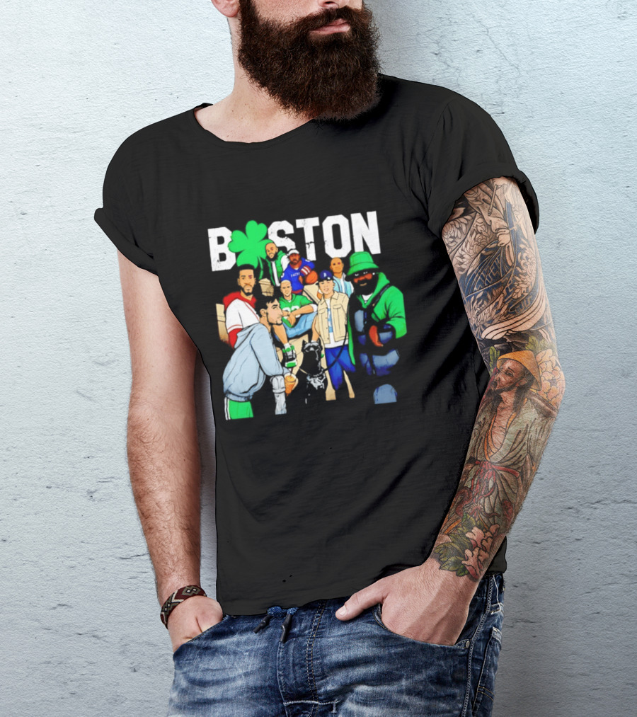 Boston Green Clover Sports Fan Characters Distressed Look T-Shirt