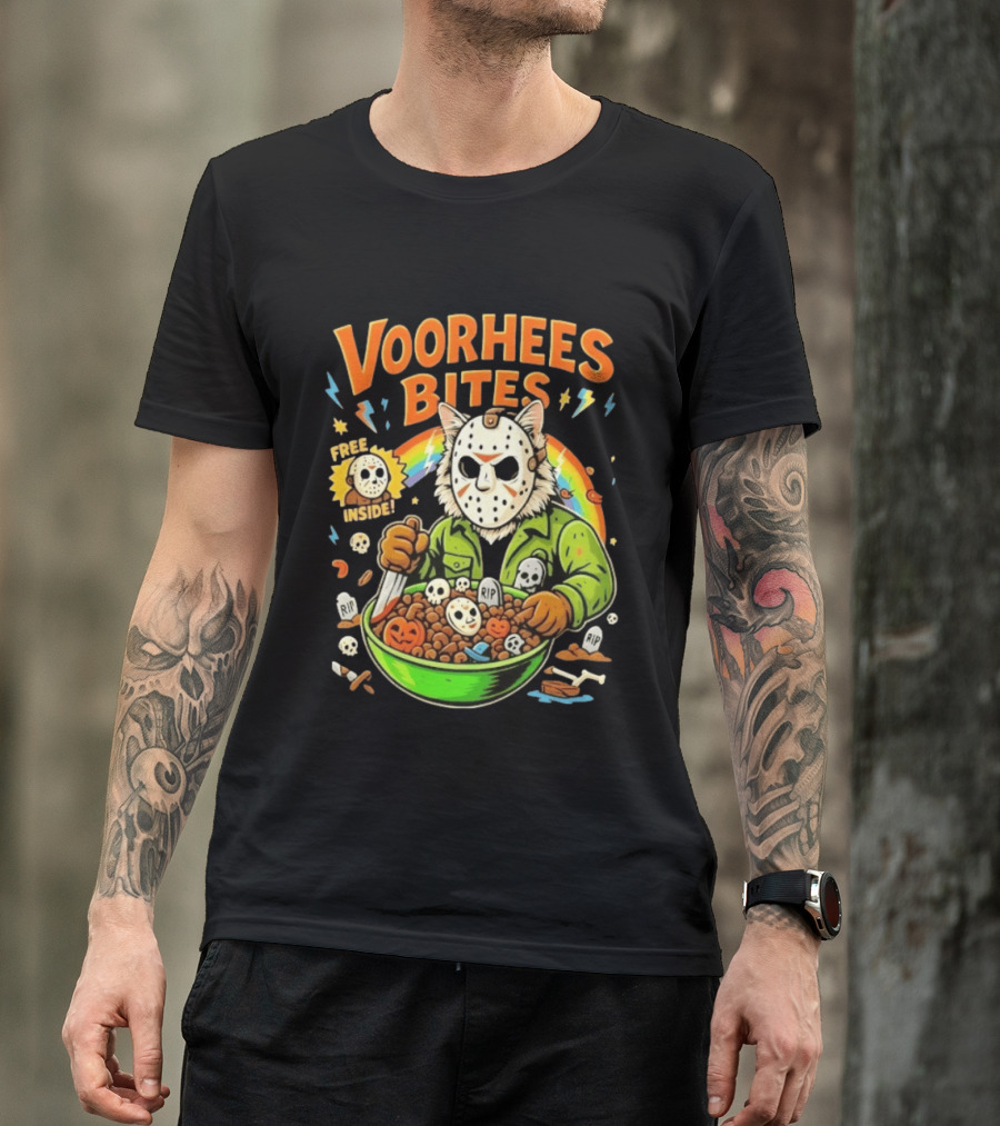 Voorhees Bites Jason Voorhees Cat Cereal Horror Mask Rainbow Feline Bowl Skeletons T-Shirt