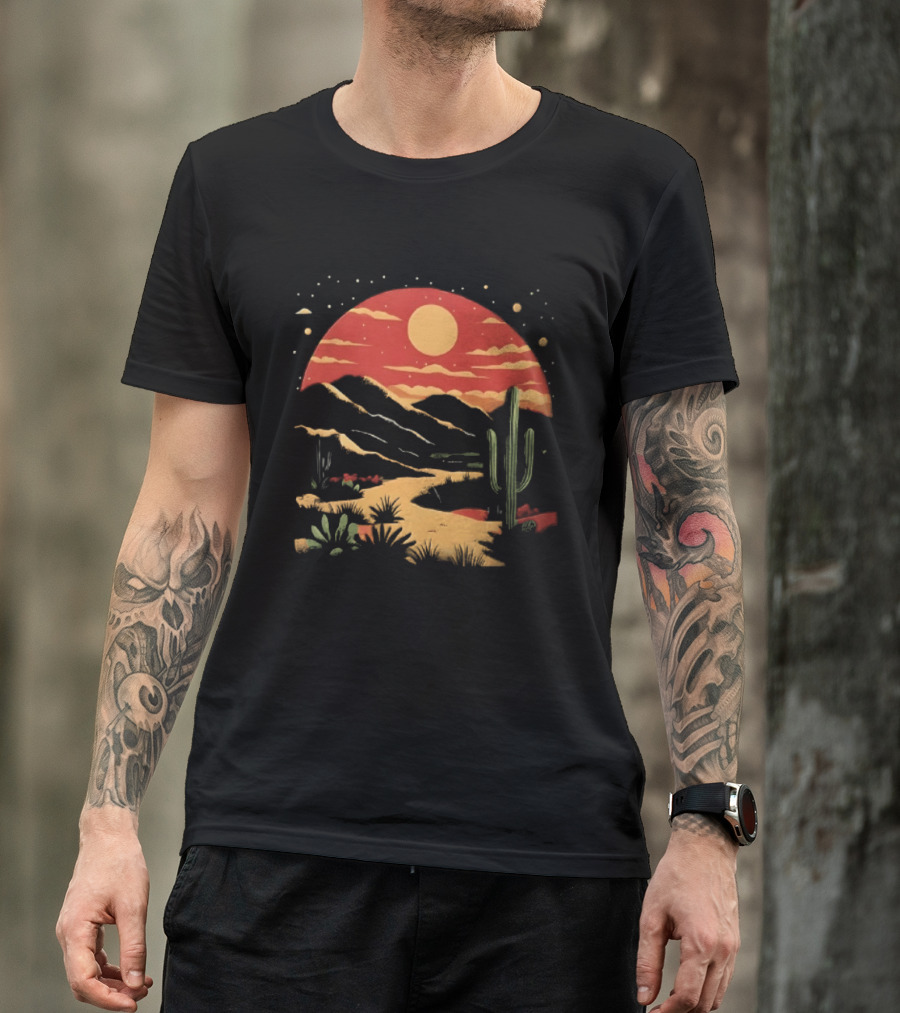 Sunset Sky Desert Saguaro Cactus Western Mountains Landscape Scene T-Shirt