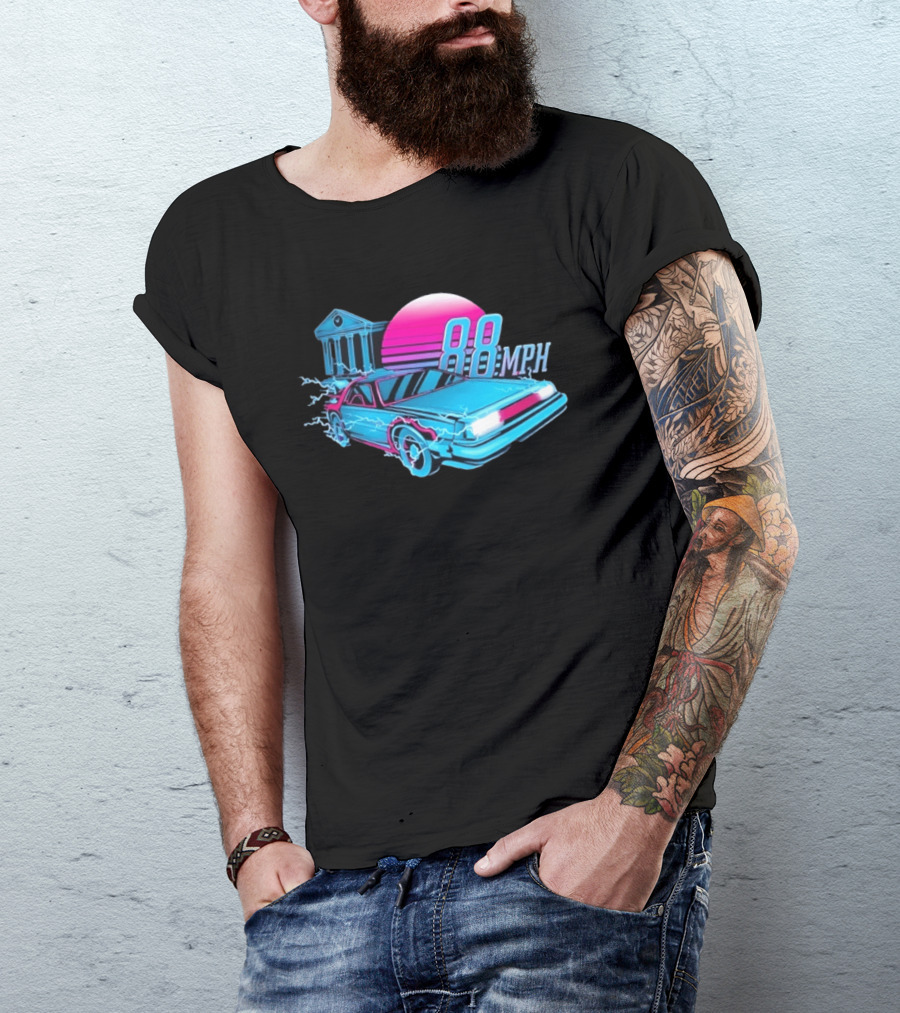 Back To The Future DeLorean 88 MPH Neon Style With Sunset And Tower T-Shirt
