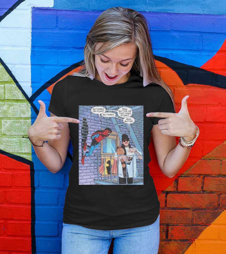 Spider Man Bret Hart Real Buttered Popcorn Balcony Scene T-Shirt