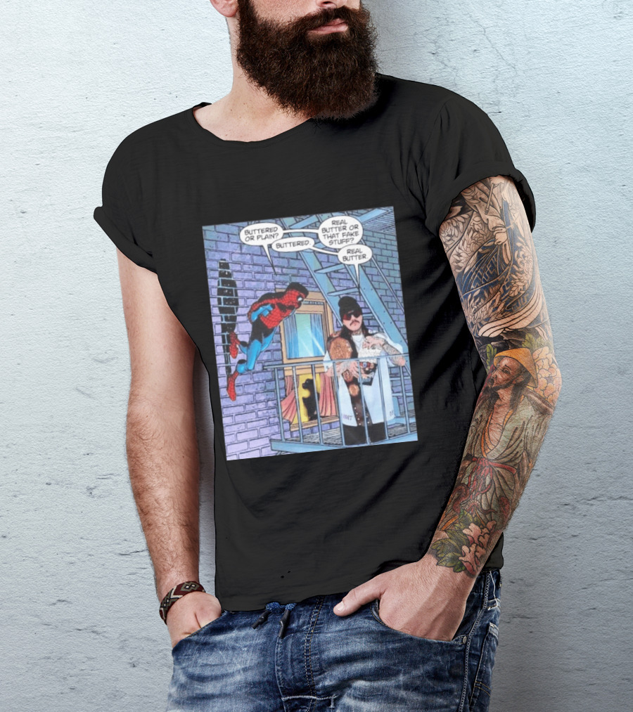 Spider Man Bret Hart Real Buttered Popcorn Balcony Scene T-Shirt