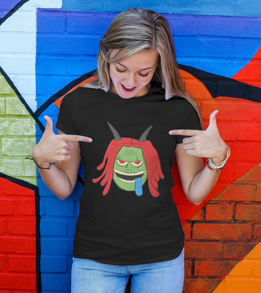 Trippie Redd Cartoon Green Devil Horns Red Hair Blue Tongue T-Shirt