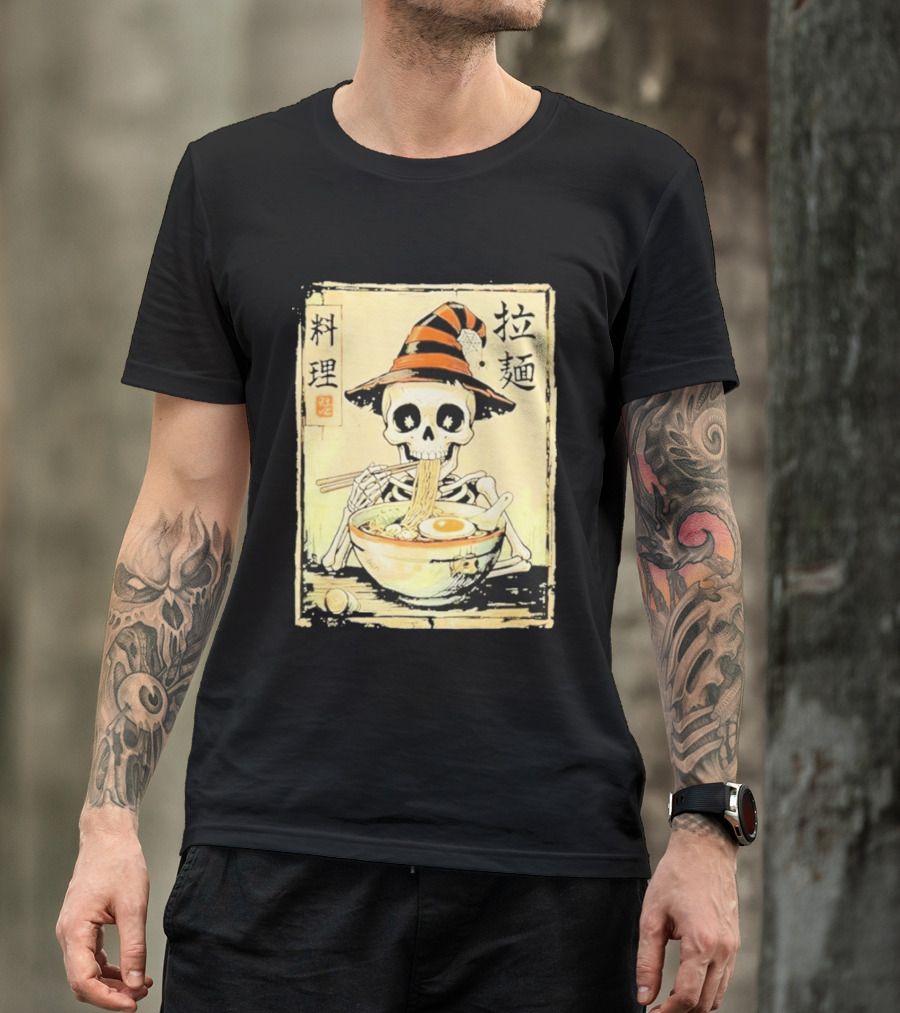 Witch Skeleton Eating Ramen With Japanese Kanji Characters T-Shirt