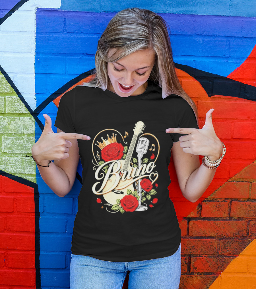Bruno Rose Crown Guitar And Microphone With Music Notes T-Shirt
