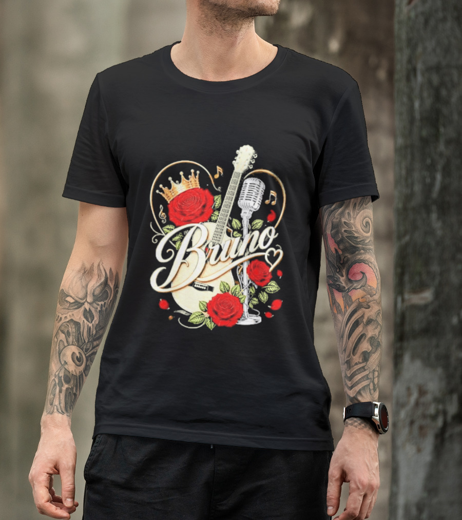 Bruno Rose Crown Guitar And Microphone With Music Notes T-Shirt