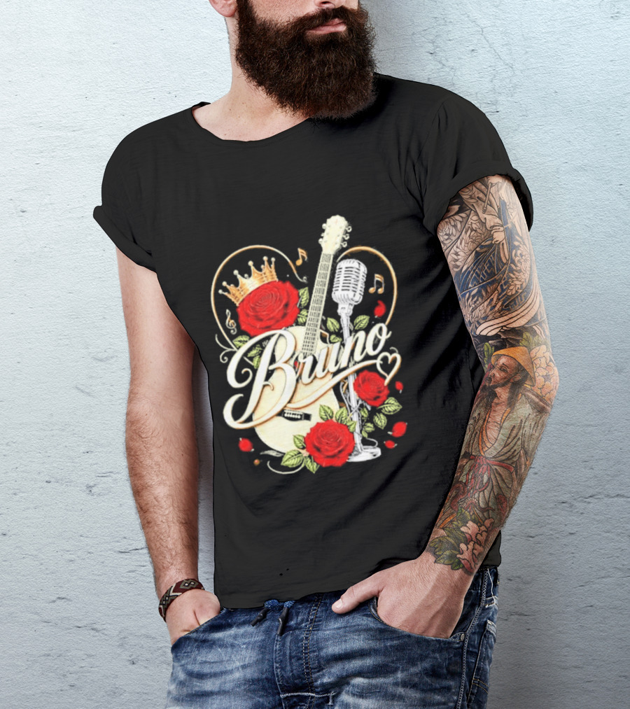 Bruno Rose Crown Guitar And Microphone With Music Notes T-Shirt