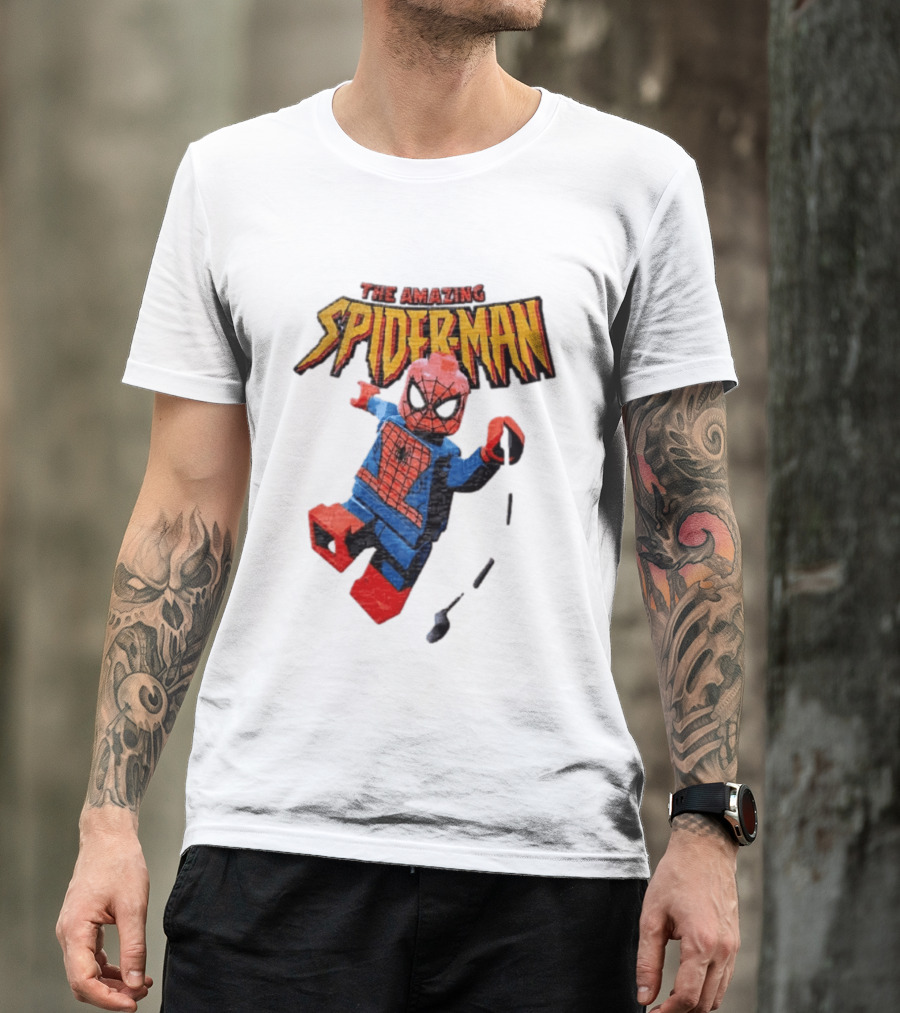 Spider Man The Amazing Lego Minifigure Swinging On Web Iconic Marvel Hero T-Shirt